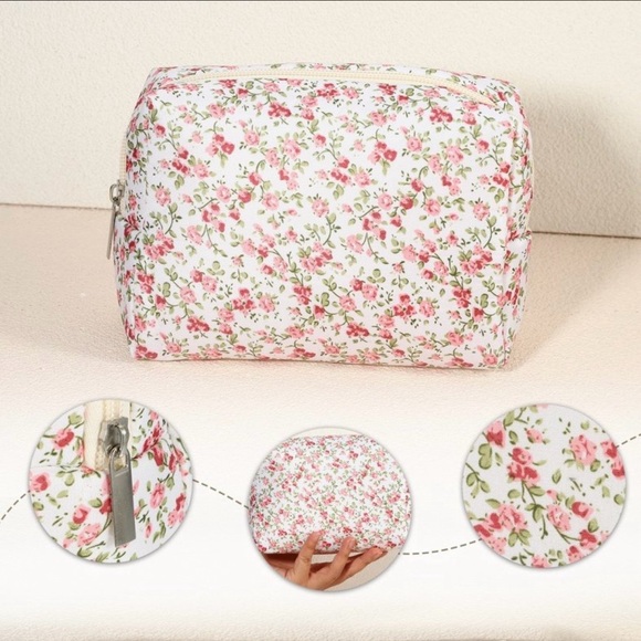 Quilted Floral Cosmetic Bag - Pink and Green - Picture 4 of 8